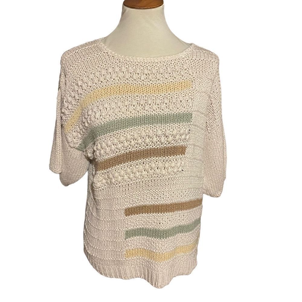 Vintage Shapely Knits Women Knitted Top Short Sleeve Blouse Multicolor Size Medi